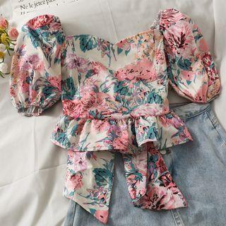 Boatneck Ribbon-back Printed Crop Top Pink - One Size