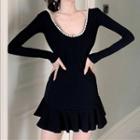 Scoop-neck Long-sleeve Ruffle Hem A-line Mini Dress