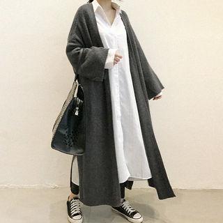 Wool Blend Rib-knit Long Cardigan