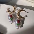 Rose Print Faux Pearl Alloy Dangle Earring 1 Pair - Stud Earrings - Gold - One Size