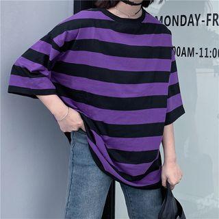 3/4-sleeve Striped T-shirt Purple - One Size