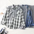 Set: Loose-fit Plaid Shirt + Shawl + Midi Skirt
