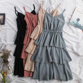 Spaghetti-strap Tiered Midi Chiffon Dress