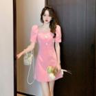 Short-sleeve Square-neck Embellished Mini A-line Dress