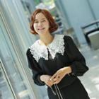 Lace-collar Puff-sleeve Blouse Black - One Size
