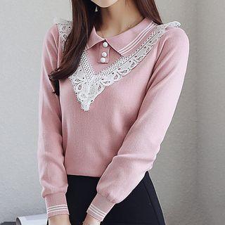 Lace Trim Collared Knit Top