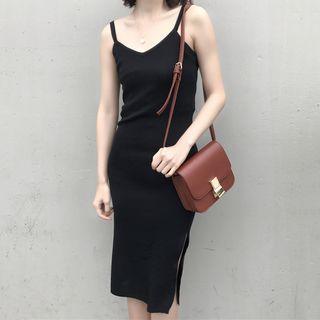 Spaghetti-strap Side-slit Knit Dress Black - One Size