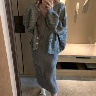 Set: Loose-fit Plain Cardigan + Sleeveless Knit Dress