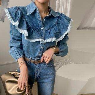 Ruffled Laced Denim Shirt Light Blue - One Size
