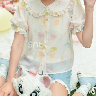 Short-sleeve Frill Trim Print Chiffon Blouse
