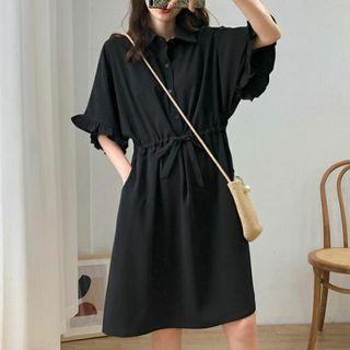 Elbow-sleeve Frill Trim Midi Shirt Dress