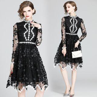 Long-sleeve Floral A-line Mesh Dress