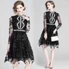 Long-sleeve Floral A-line Mesh Dress