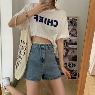 Lace-trim High-waist Denim Shorts