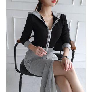 Set: Two-tone Hoodie + Slit-front Mermaid Skirt