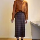 Plain Cardigan / Plaid Midi Straight-fit Skirt