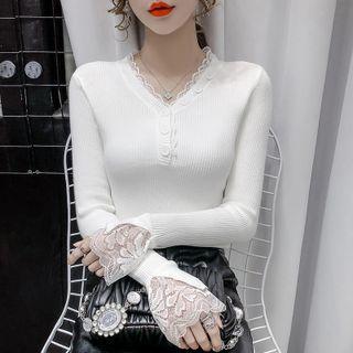 Lace Panel Henley Knit Top
