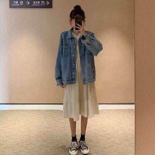 Pocket Detail Denim Button-up Jacket / Long-sleeve Midi Dress