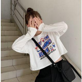 Long-sleeve Cartoon Print Cropped T-shirt