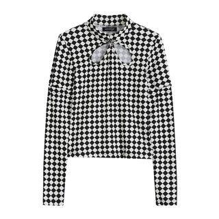 Long-sleeve Argyle Print Cutout T-shirt