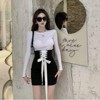 High-waist Lace-up Mini Pencil Skirt / Long-sleeve T-shirt