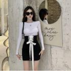 High-waist Lace-up Mini Pencil Skirt / Long-sleeve T-shirt