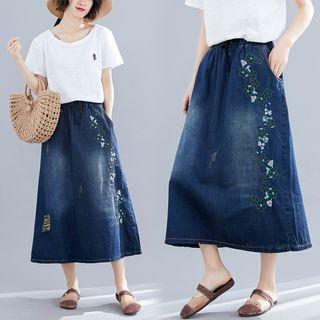 Floral Embroidered A-line Midi Denim Skirt