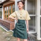 Set: Button Detail Short-sleeve Blouse + High Waist A-line Skirt