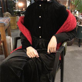 Velvet Long-sleeve Loose-fit Dress Black - One Size