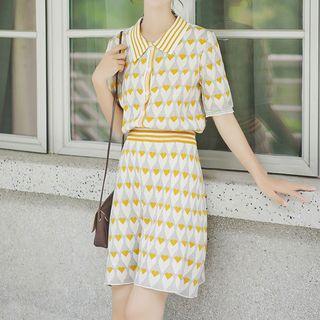 Set: Short-sleeve Heart Pattern Cardigan + Knit Skirt Yellow - One Size