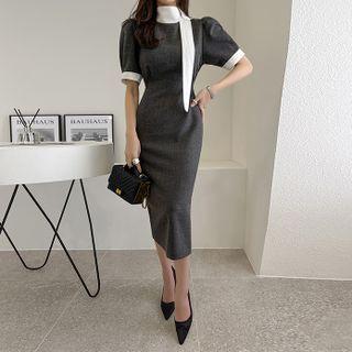 Puff-sleeve Scarf-neck Long Sheath Dress