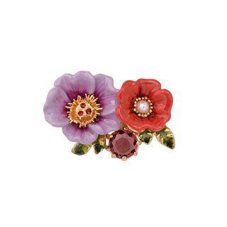 Fashion And Elegant Plated Gold Enamel Double Flower Cubic Zirconia Brooch Golden - One Size