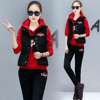 Set: Embroidered Hoodie + Slim Fit Pants + Padded Vest