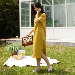 [v Lyou] Open-placket Rollup Midi Dress