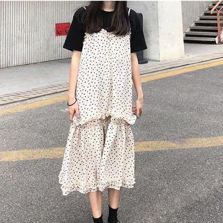 Dotted Ruffle Trim Spaghetti Strap Midi Dress Almond - One Size