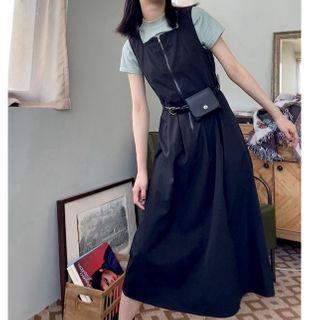 Plain Zip Midi A-line Pinafore Dress