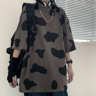 Elbow-sleeve Cow Print Chain-accent T-shirt