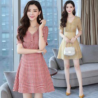 Short-sleeve Checker A-line Mini Dress