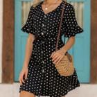 Short-sleeve Dotted Chiffon Buttoned A-line Mini Dress