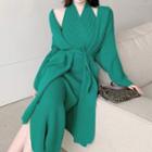 Plain Medium Long Elastic-waist Knit Jacket