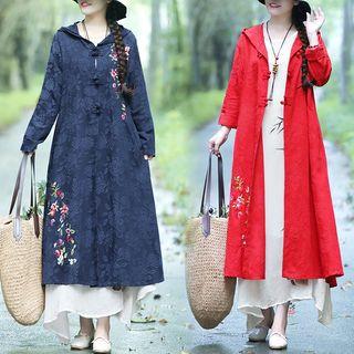 Hooded Embroidered Frog Buttoned Long Coat
