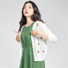 V-neck Cherry Embroidered Cardigan White - One Size