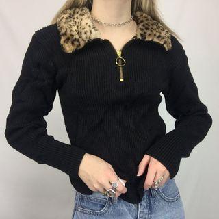 Leopard Polo Neck Zip-up Long Sleeve Top