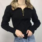 Leopard Polo Neck Zip-up Long Sleeve Top