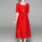 Short-sleeve Drawstring Waist A-line Dress