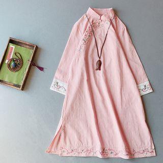Mandarin Collar Flower Embroidered Long-sleeve Midi A-line Dress