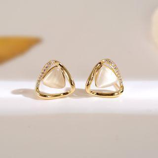 Rhinestone Cat Eye Stone Ear Stud Earrings - Triangel - Cat Eye Stone - 14k Gold - One Size