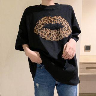 Elbow-sleeve Leopard Lip Print T-shirt