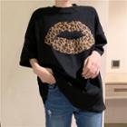 Elbow-sleeve Leopard Lip Print T-shirt