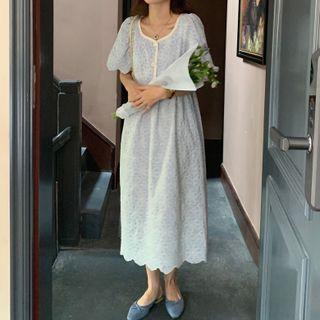 Short-sleeve Square-neck Embroidered Flower Dress